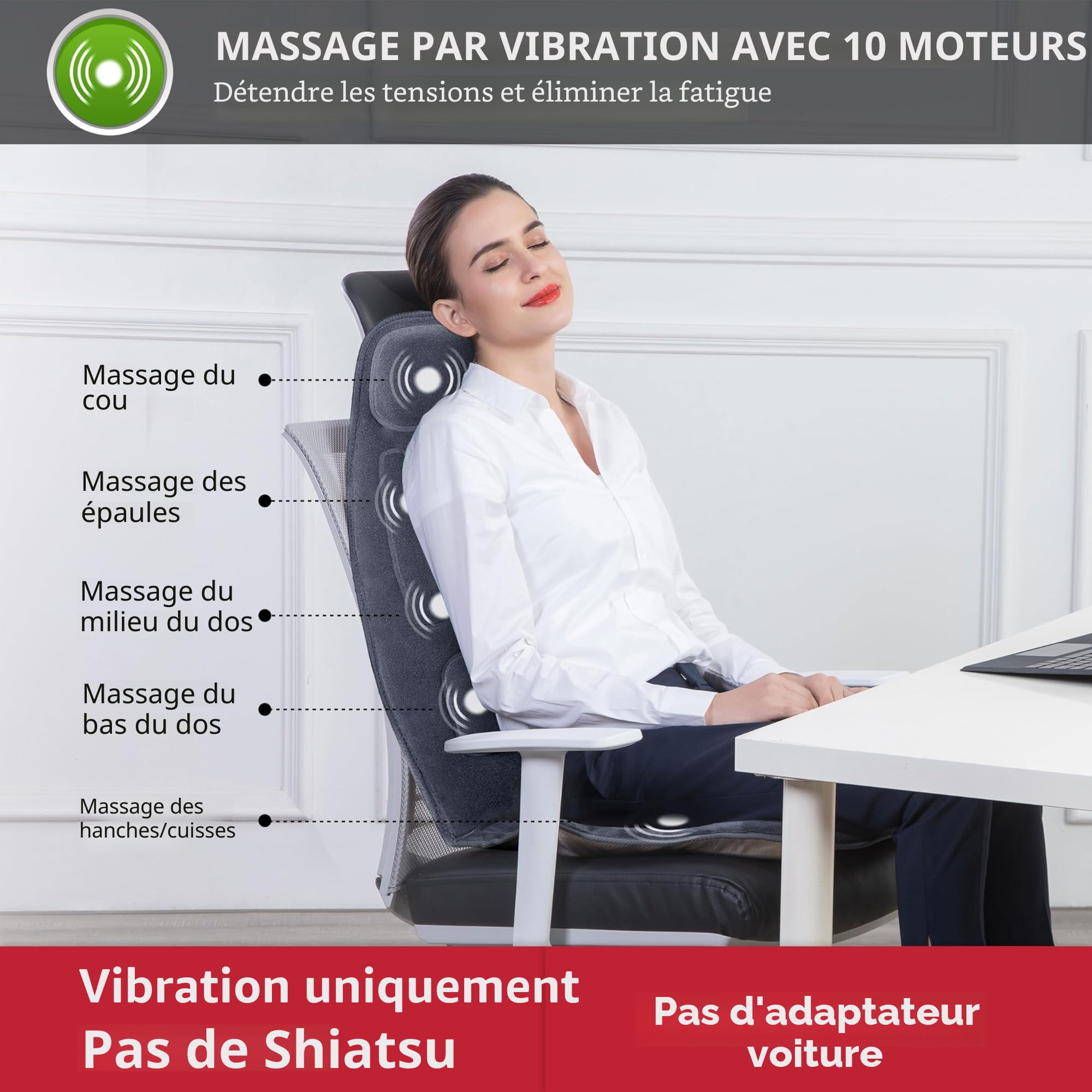 snailax-si-ge-massant-avec-chaleur-coussin-de-massage-10-moteurs-de-vibration-po image 2