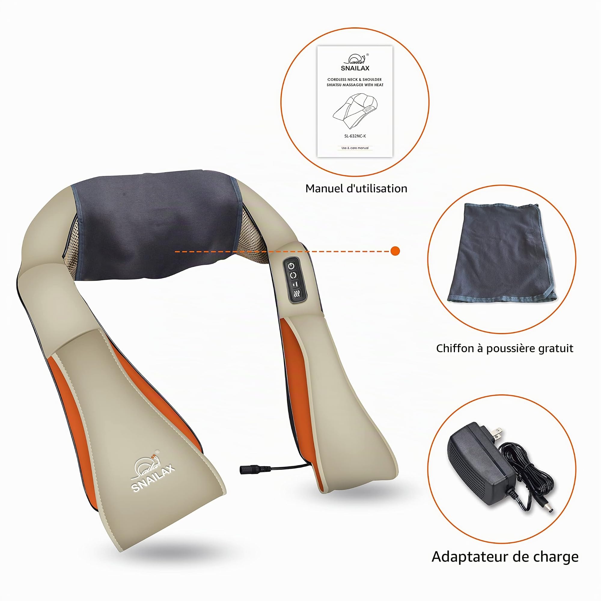 snailax-masseur-cervical-shiatsu-sans-fil-avec-chaleur-infrarouge-8-n-uds-de-mas image 3